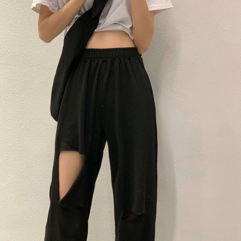 レディース 個性派ダメージ加工ワイドスウェットパンツ