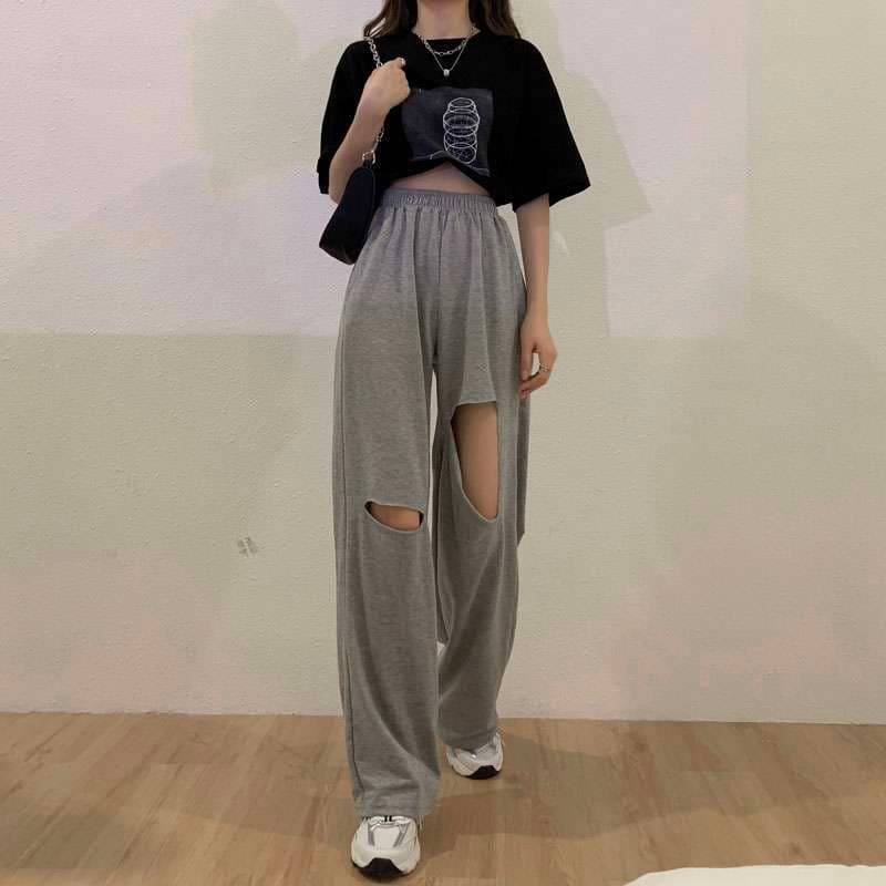 レディース 個性派ダメージ加工ワイドスウェットパンツ