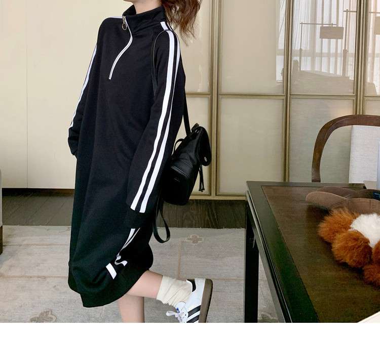 レディース スウェット スポーティーストライプハーフジップロングワンピース