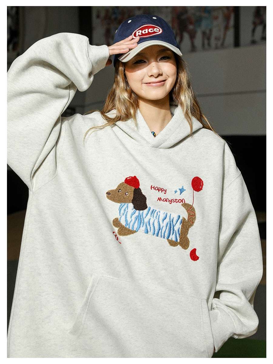 レディース スウェット 犬柄バルーン付きゆったりパーカー