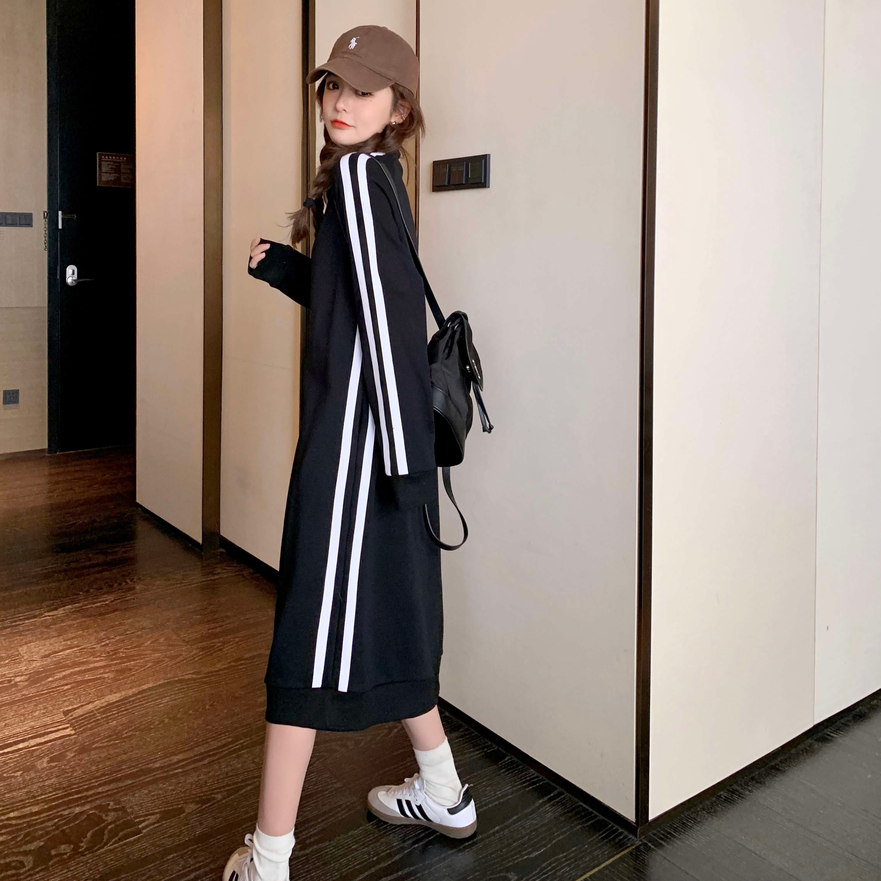 レディース スウェット スポーティーストライプハーフジップロングワンピース
