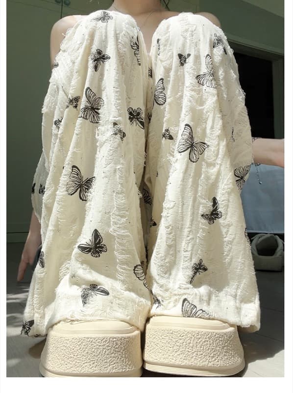 スウェット 蝶々柄 涼感ワイドパンツ ハイウエスト 薄手 夏用ボトムス レディース