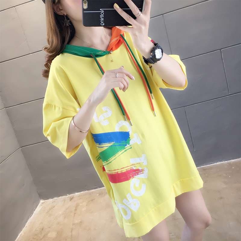 レディース スウェット マルチカラーフード付きオーバーサイズTシャツワンピース