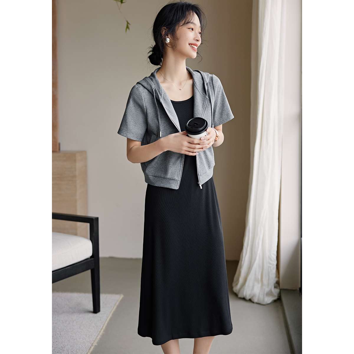 レディース スウェット リラックスフーディ＆マキシワンピースセット