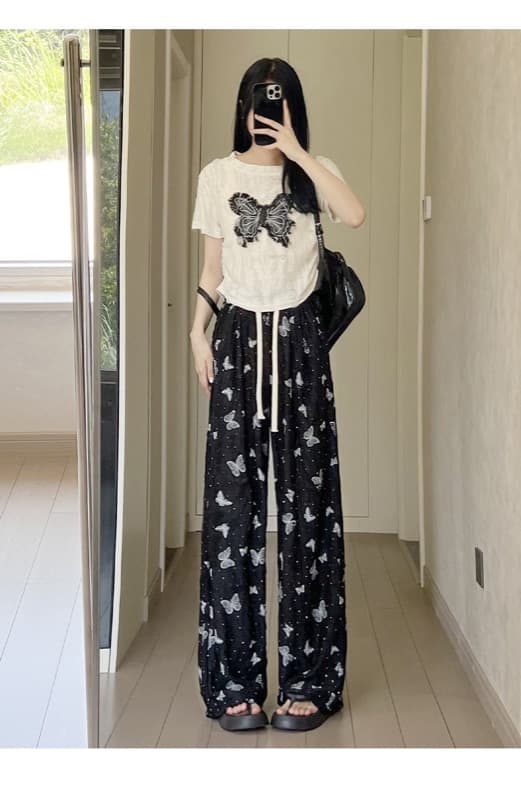 スウェット 蝶々柄 涼感ワイドパンツ ハイウエスト 薄手 夏用ボトムス レディース