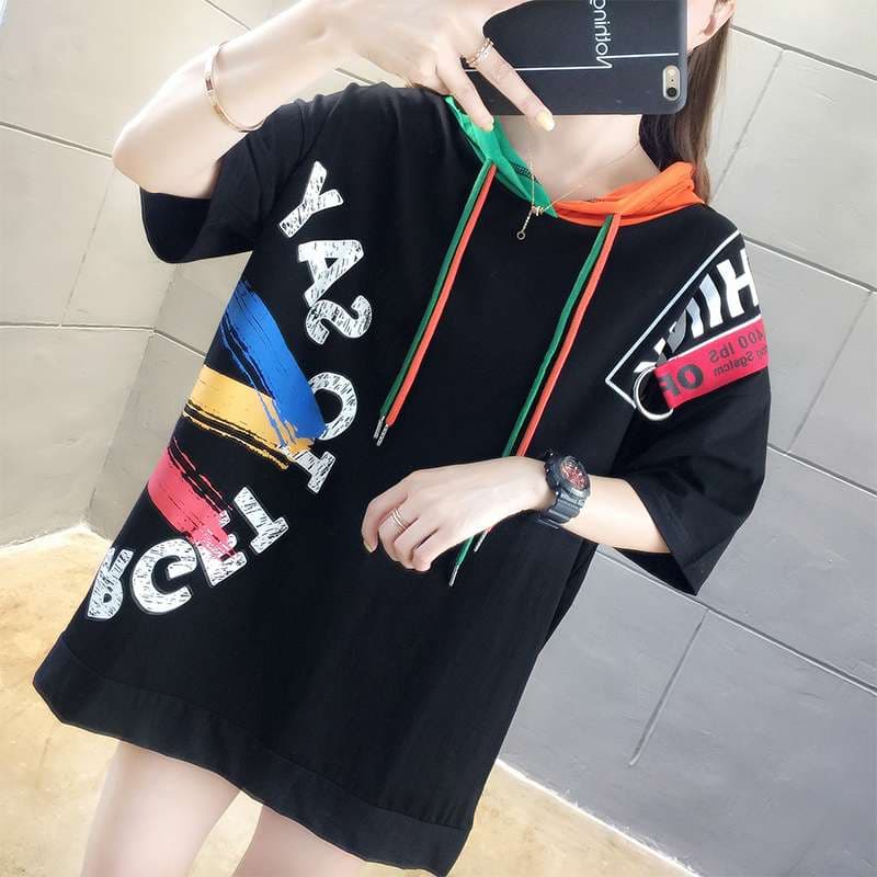 レディース スウェット マルチカラーフード付きオーバーサイズTシャツワンピース