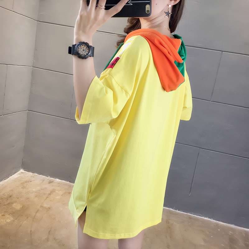 レディース スウェット マルチカラーフード付きオーバーサイズTシャツワンピース