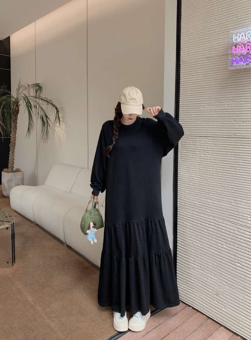 レディース スウェット ティアードデザイン ロング丈ルーム ワンピース