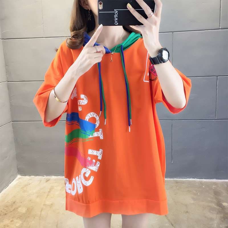 レディース スウェット マルチカラーフード付きオーバーサイズTシャツワンピース