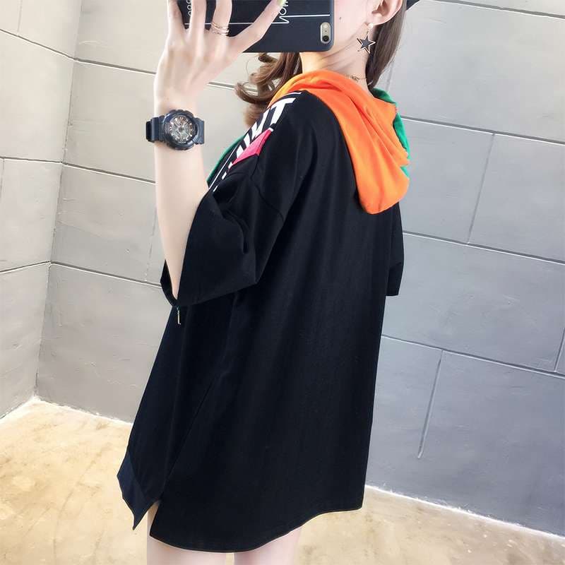 レディース スウェット マルチカラーフード付きオーバーサイズTシャツワンピース