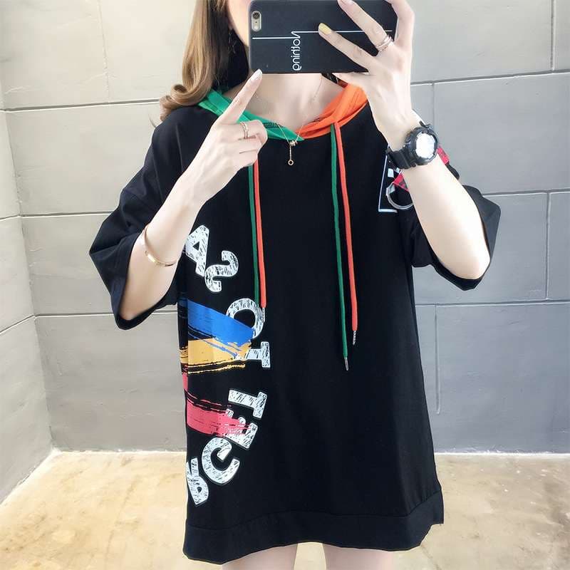 レディース スウェット マルチカラーフード付きオーバーサイズTシャツワンピース