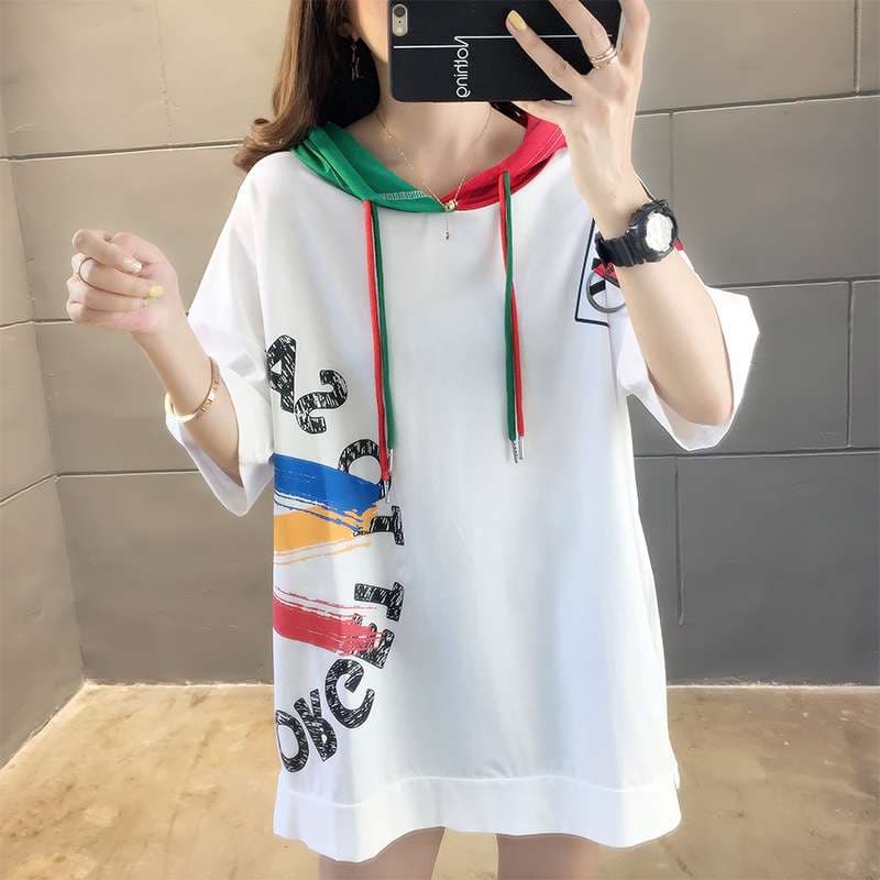 レディース スウェット マルチカラーフード付きオーバーサイズTシャツワンピース