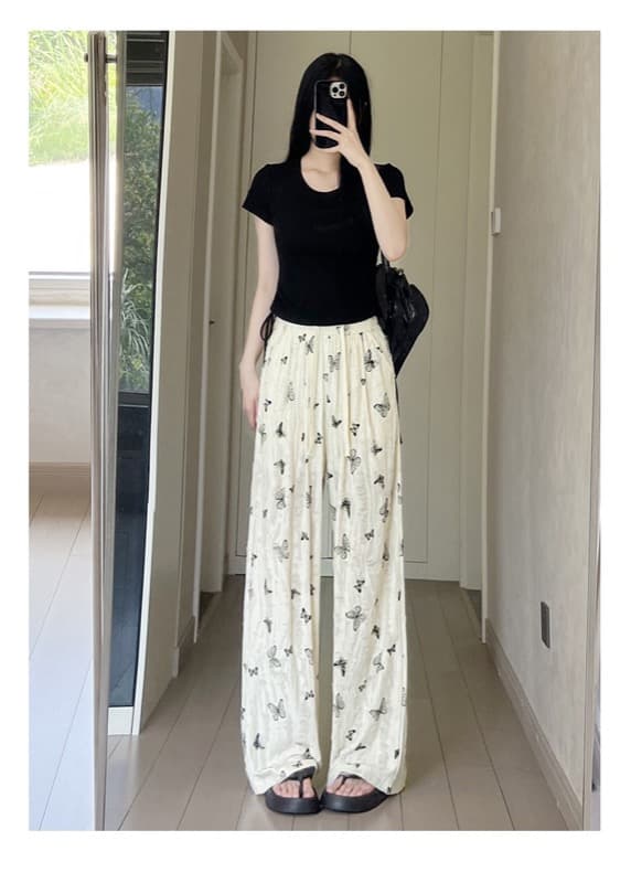 スウェット 蝶々柄 涼感ワイドパンツ ハイウエスト 薄手 夏用ボトムス レディース