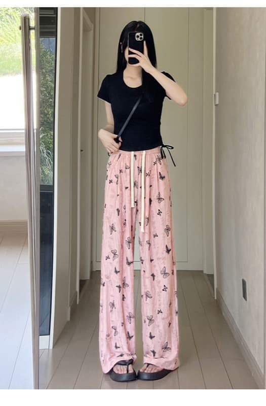 スウェット 蝶々柄 涼感ワイドパンツ ハイウエスト 薄手 夏用ボトムス レディース