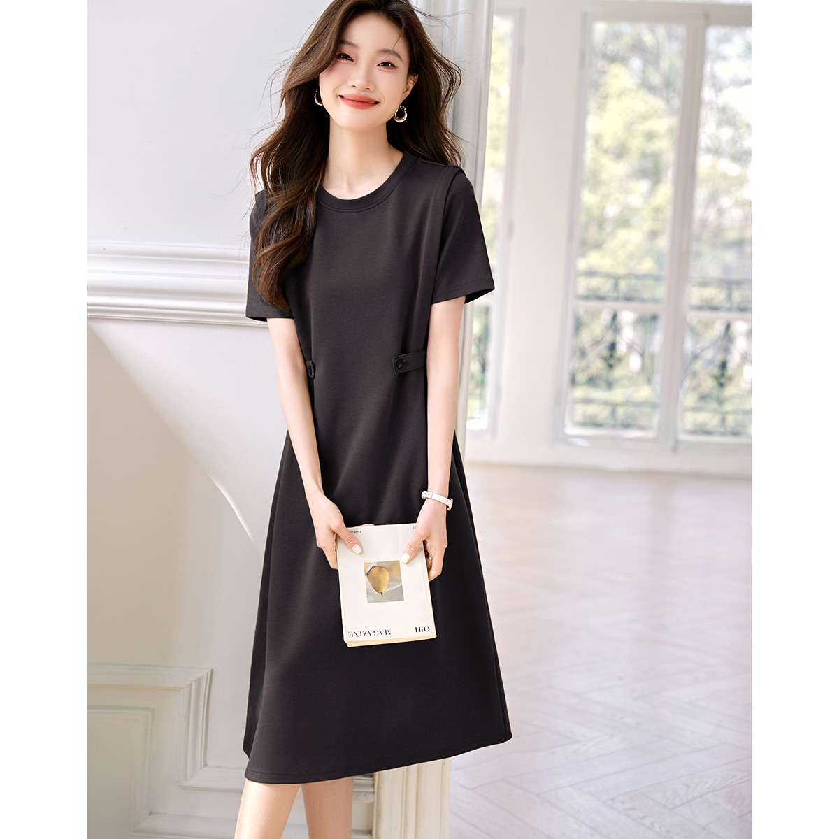 レディース スウェット エレガントシンプル ベルト付き ミディ丈ワンピース