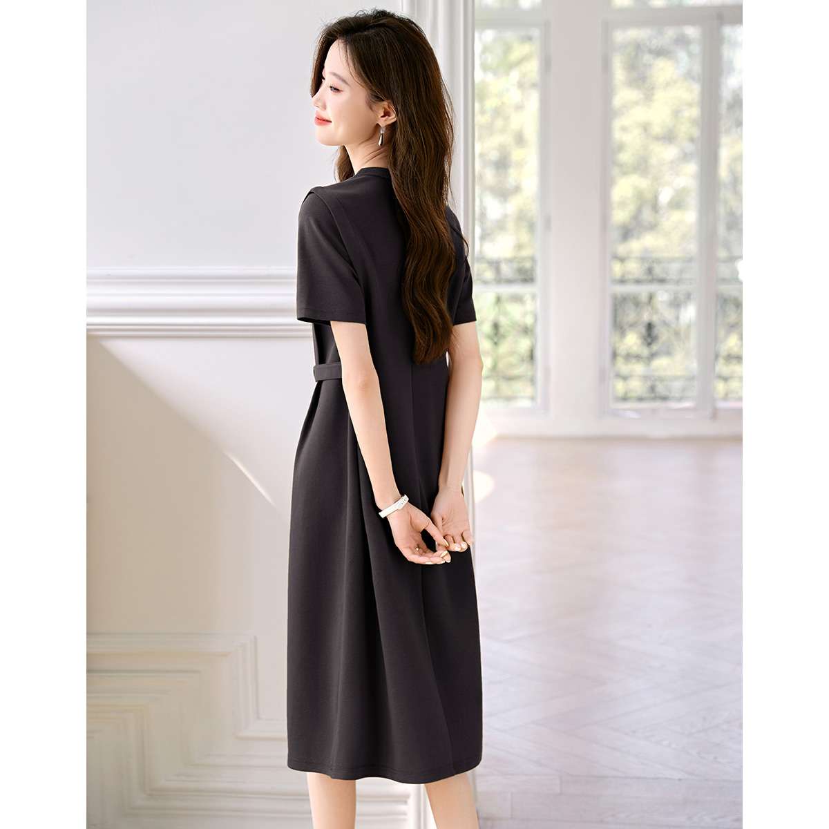 レディース スウェット エレガントシンプル ベルト付き ミディ丈ワンピース