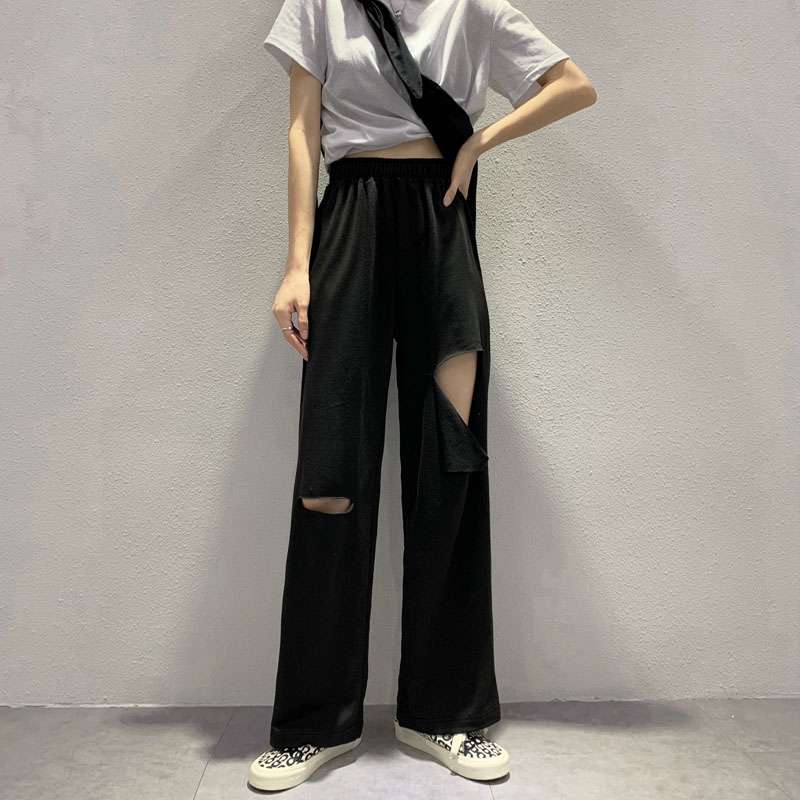 レディース 個性派ダメージ加工ワイドスウェットパンツ
