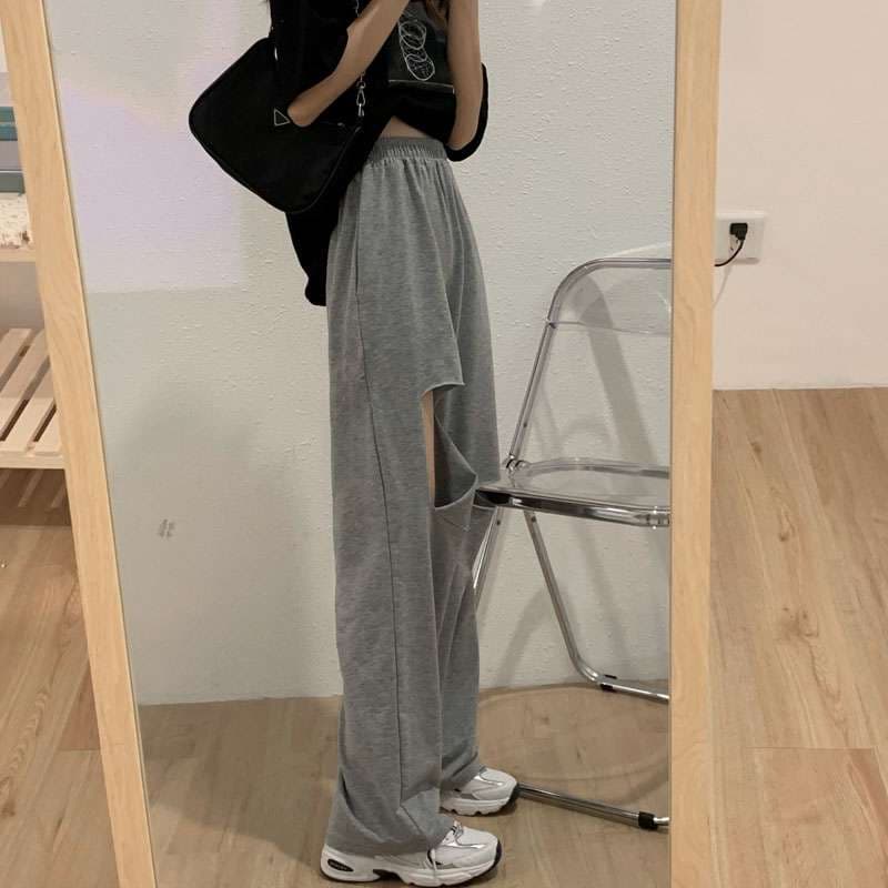 レディース 個性派ダメージ加工ワイドスウェットパンツ