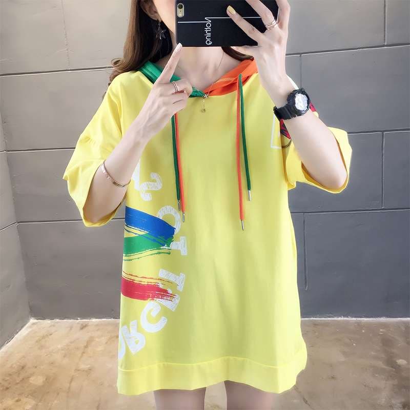 レディース スウェット マルチカラーフード付きオーバーサイズTシャツワンピース