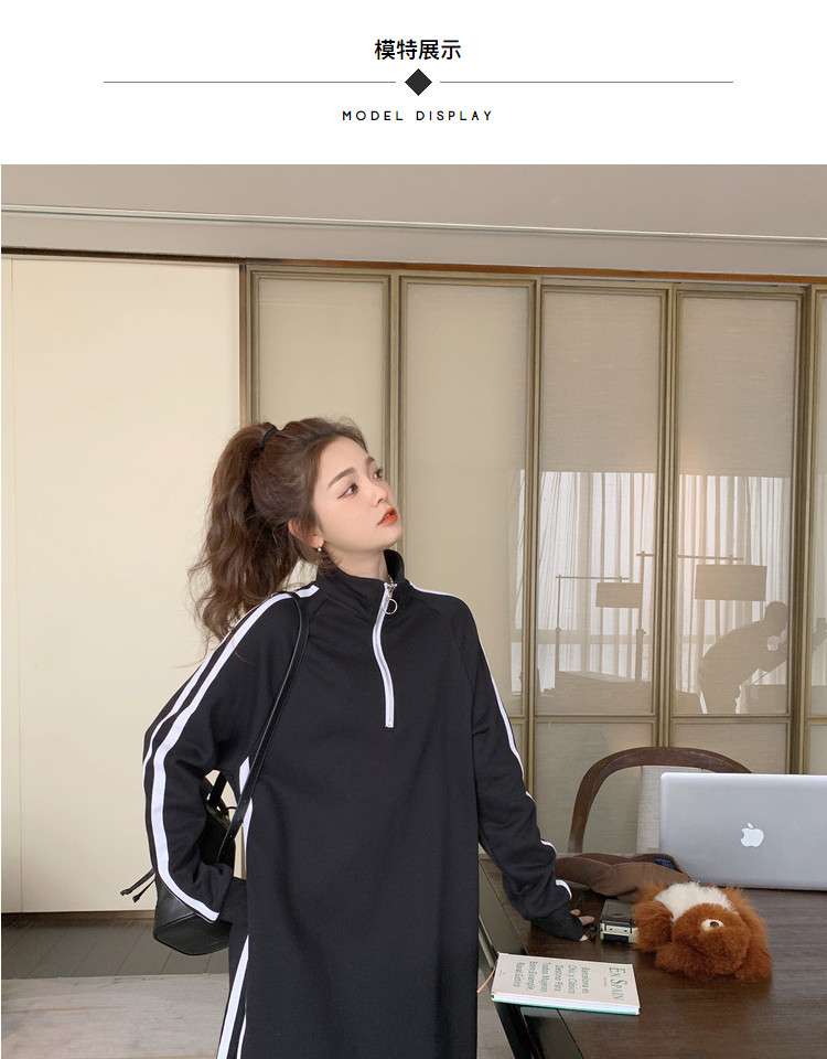 レディース スウェット スポーティーストライプハーフジップロングワンピース