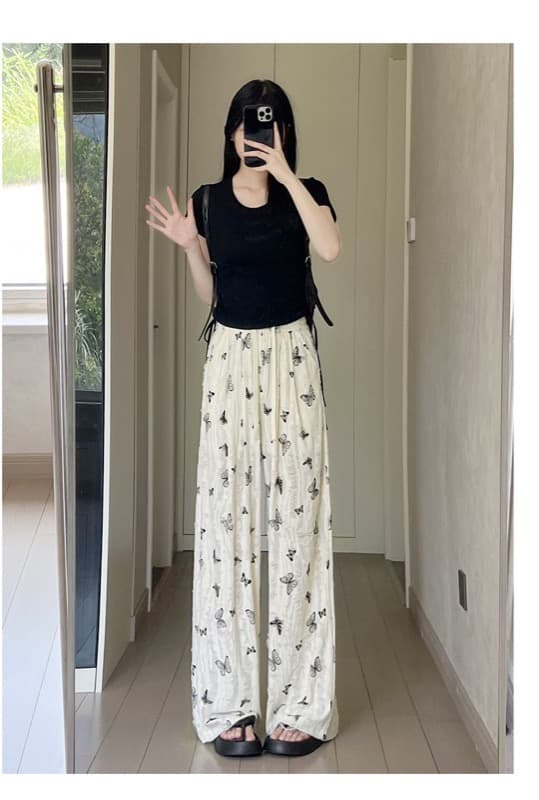 スウェット 蝶々柄 涼感ワイドパンツ ハイウエスト 薄手 夏用ボトムス レディース