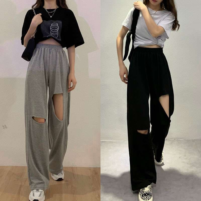 レディース 個性派ダメージ加工ワイドスウェットパンツ