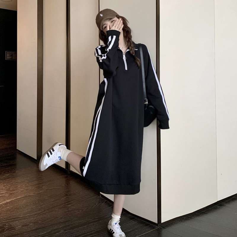 レディース スウェット スポーティーストライプハーフジップロングワンピース