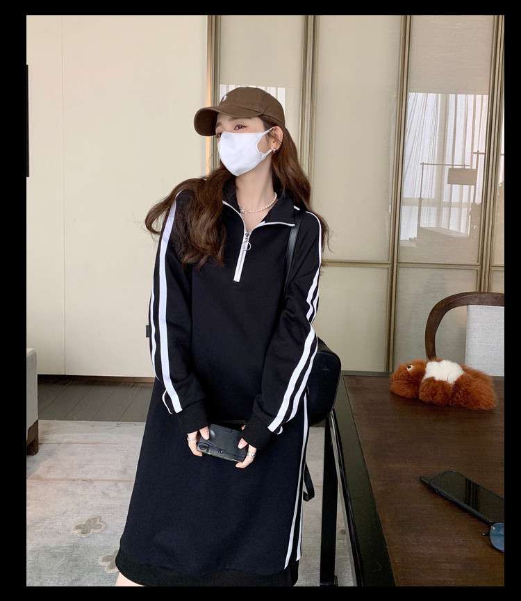 レディース スウェット スポーティーストライプハーフジップロングワンピース