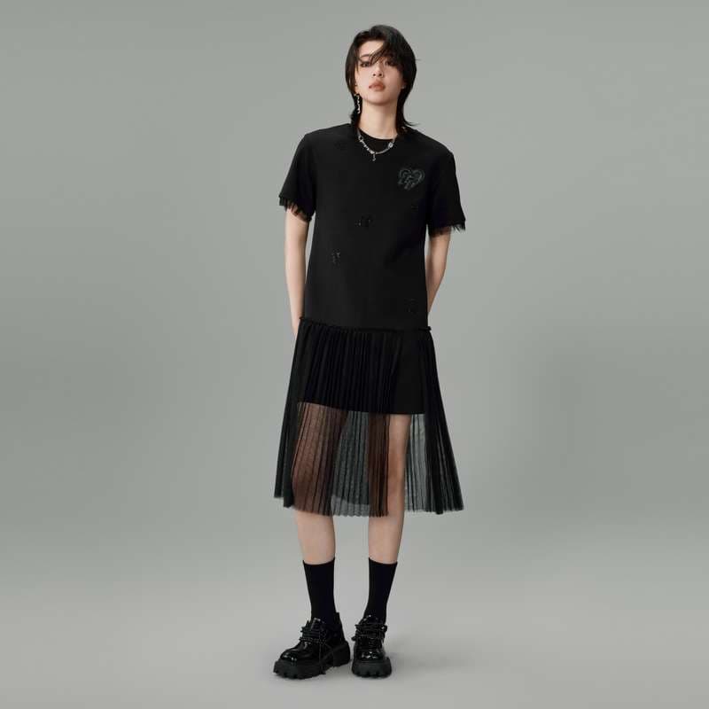 レディース チュールプリーツドッキングスウェットワンピース