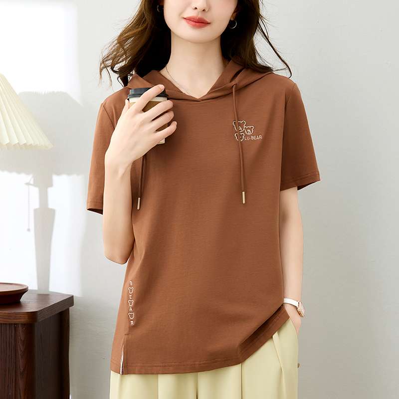 レディース スウェット 半袖フード付きカジュアルTシャツ