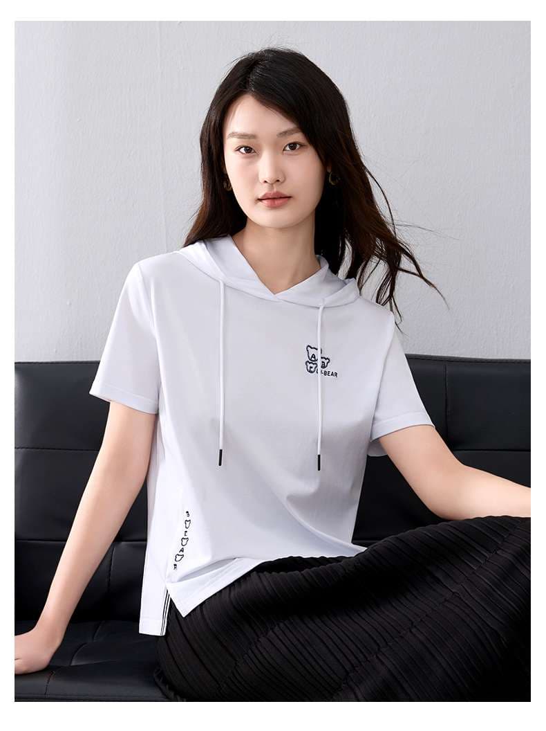 レディース スウェット 半袖フード付きカジュアルTシャツ