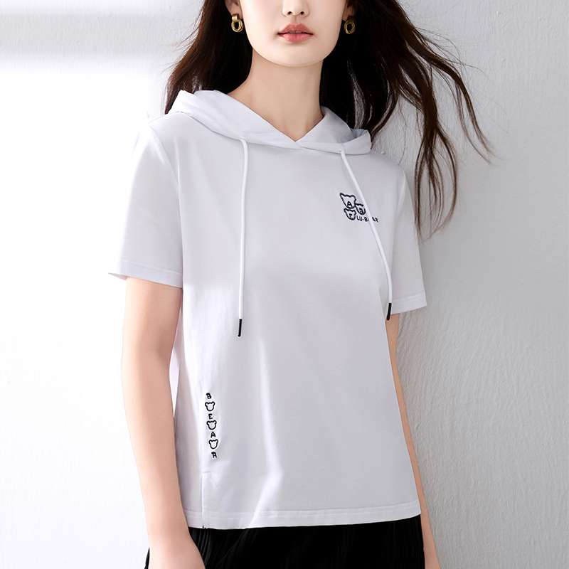 レディース スウェット 半袖フード付きカジュアルTシャツ
