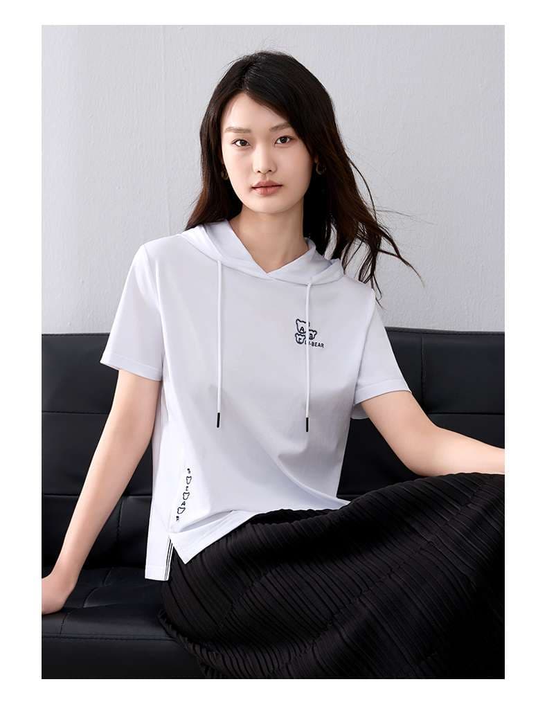 レディース スウェット 半袖フード付きカジュアルTシャツ