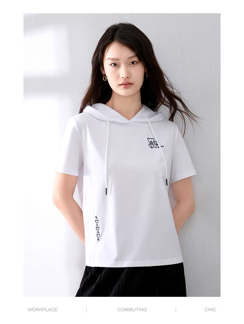 レディース スウェット 半袖フード付きカジュアルTシャツ