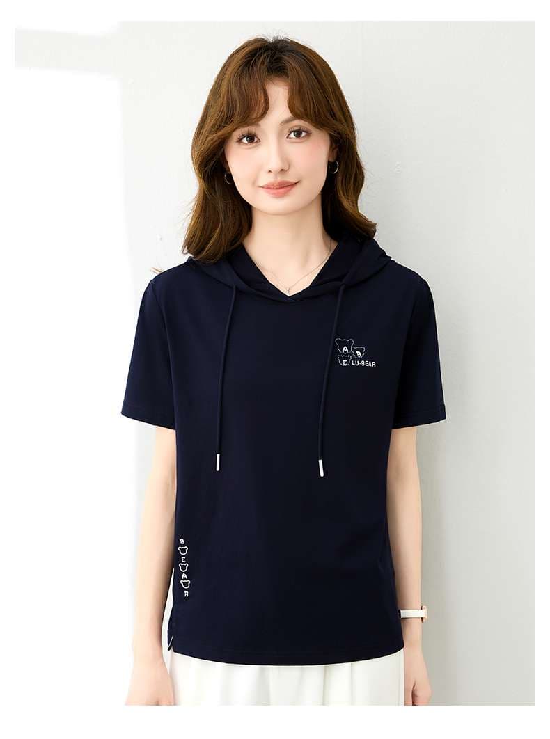 レディース スウェット 半袖フード付きカジュアルTシャツ