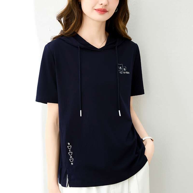 レディース スウェット 半袖フード付きカジュアルTシャツ