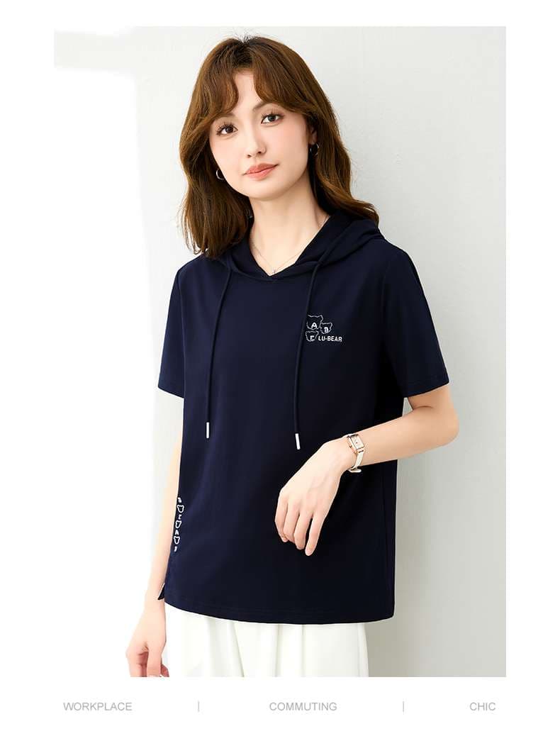 レディース スウェット 半袖フード付きカジュアルTシャツ