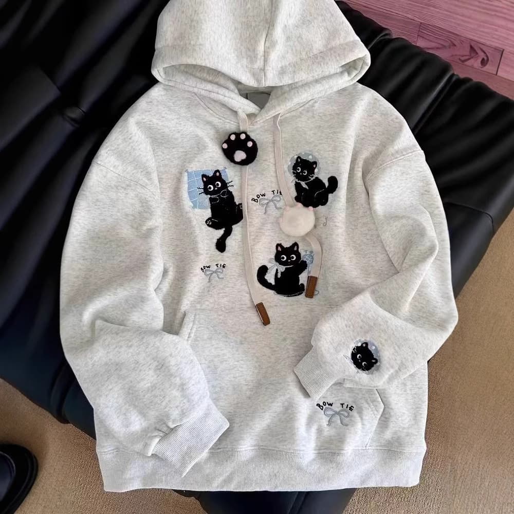 レディース スウェット 黒猫と蝶結びの刺繍パーカー