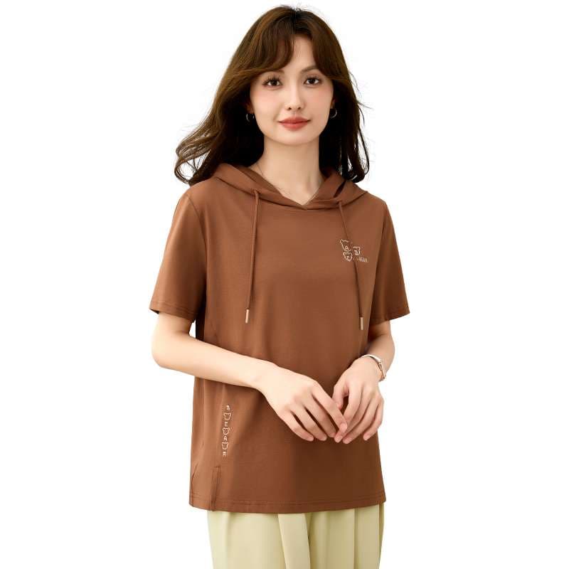 レディース スウェット 半袖フード付きカジュアルTシャツ